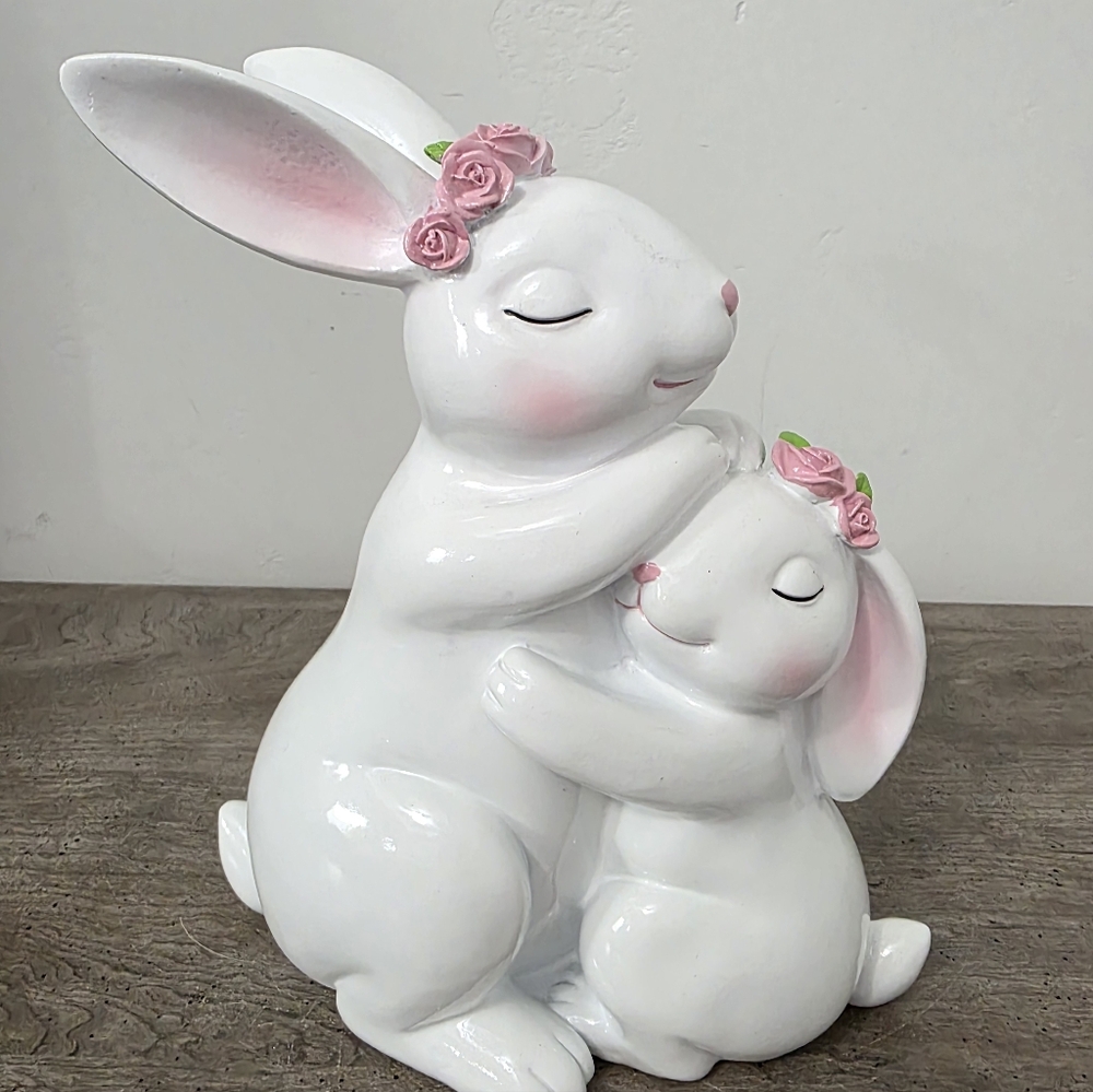 Easter Hugging Bunnies with Pink Flowers